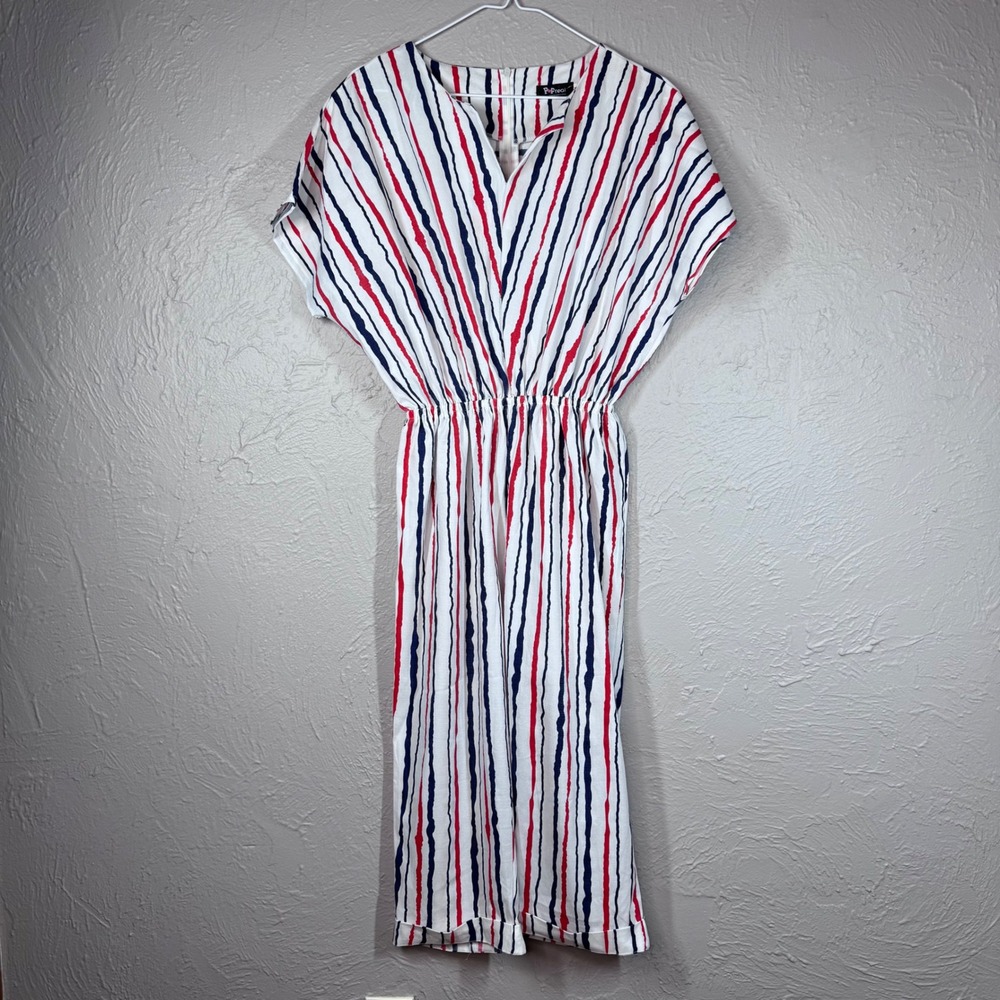 Vintage 80's Women's XL Red Blue White Stripe Jumpsuit Jumper Cropped Retro